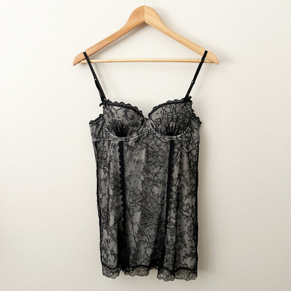 VICTORIA'S SECRET | Black Nude Lace Nightie Neglige Dress Padded Y2K | Size 36B
